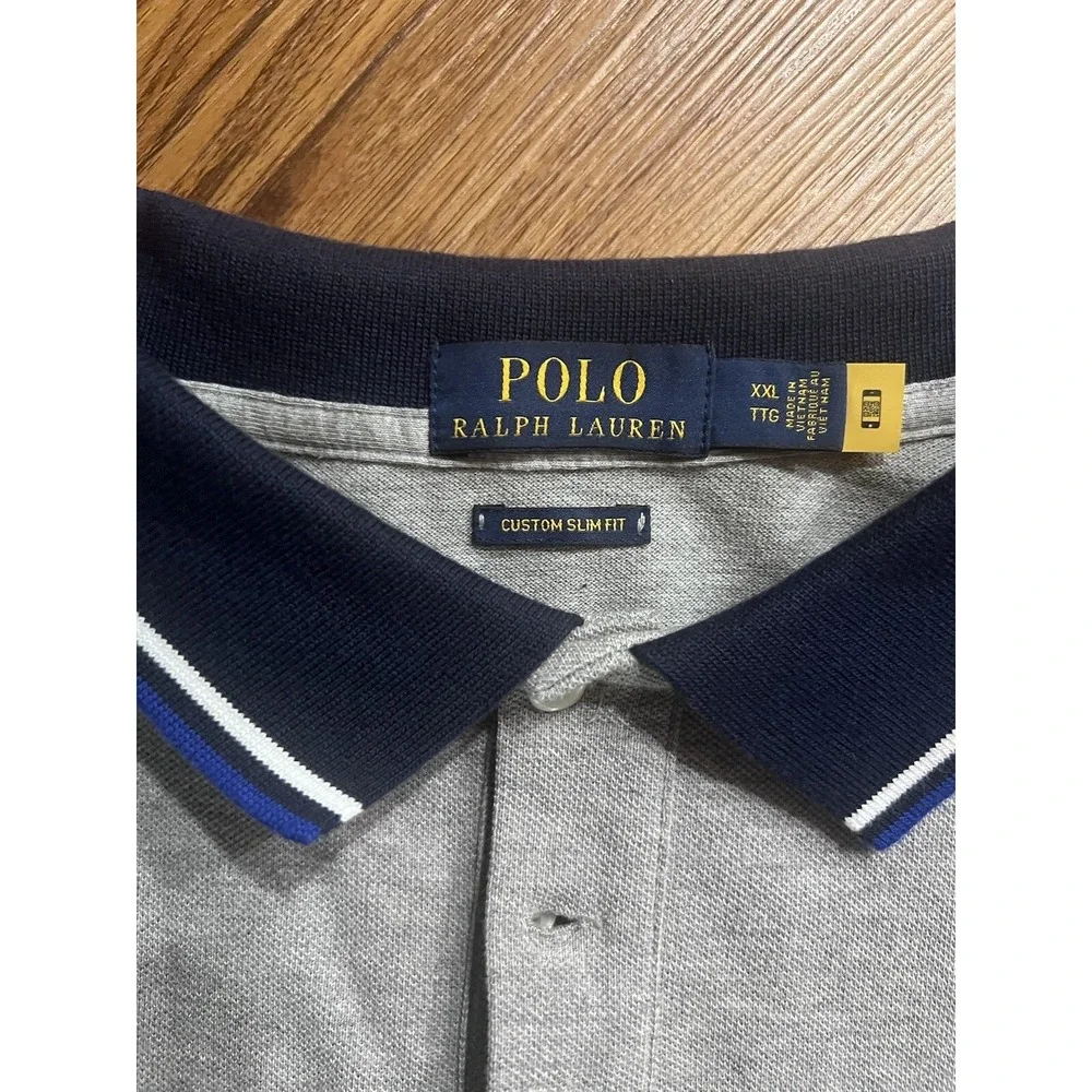 POLO Ralph Lauren Size‎ XXL Gray With Blue Collar Short Sleeve Custom Slim Fit